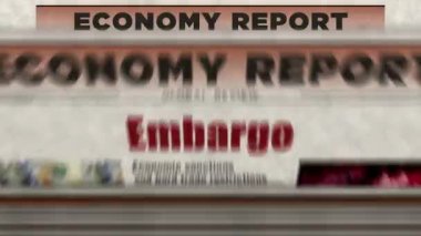 Ambargo ticaret yaptırımları ve ekonomik savaş, günlük gazete baskıları. Soyut konsept retro başlıklar 3d kusursuz döngülenmiş.