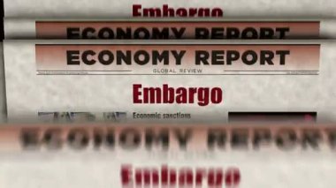 Ambargo ticaret yaptırımları, ekonomik savaş eskitilmiş haber ve gazete baskıları. Soyut konsept retro başlıklar 3d.