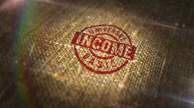 Evrensel Temel Gelir damgası doğal keten çuvalında. Periyodik ödeme vatandaşları üç boyutlu tasarım soyut konsept kazanıyorlar. Döngüsüz ve kusursuz animasyon.