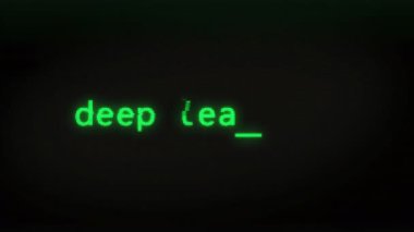 Derin öğrenme yapay zekası ve makine ekranda yazı yazmayı öğrenir. Retro monitör yeşil piksel makro görünümü ile aranıyor.