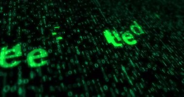 Derin öğrenme yapay zekası ve makine ekran matris stilinde metin yazmayı öğrenir. Retro monitör yeşil piksel makro görünümü ile aranıyor.