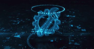 Yönetim, dijital arka planda dişli bakımı ve hologram sembolünü tamir ediyor. Ağ, siber teknoloji ve bilgisayar soyut konsepti 3D animasyon.