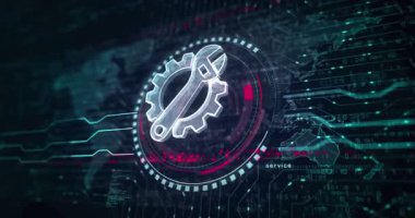 Yönetim teçhizat bakımı ve sembol soyut dijital konsepti ayarlıyor. Küresel ağ ve siber teknoloji arkaplanı pürüzsüz ve döngülü 3D animasyon.