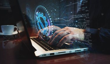 Yönetim ayarlama teçhizatı, bakım onarım sembolü ve insan klavyesi. Eller dizüstü bilgisayarda. Ağ, siber teknoloji ve özet kavram.