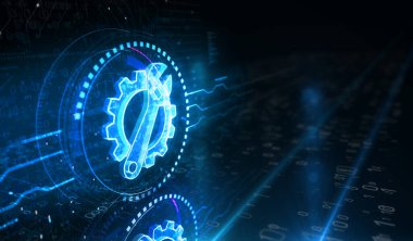 Yönetim ekipmanı ve bakım onarım sembolü dijital konsept. Ağ, siber teknoloji ve bilgisayar arkaplanı soyut 3D resimleme.