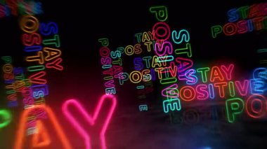 Pozitif motivasyon sloganı olarak Neon sembolü kal. Renkli ampuller. Espri ve mutlu ruh hali soyut, kusursuz ve döngüsel bir kavram. 3D tünel animasyonunda uçuyor..