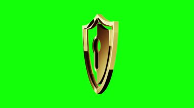 Siber güvenlik sistemi koruma sembolünü izole et. Yeşil ekranda soyut 3D altın metal simgesi kusursuz ve çevrilebilir animasyon.