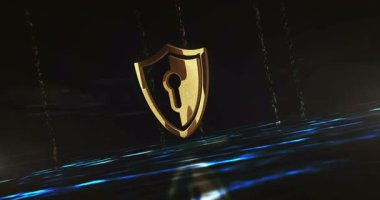 Siber güvenlik sistemi koruma sembolünü yeşil dijital arkaplanda parlat. Soyut 3D altın metal parlayan simge animasyonu.