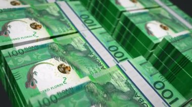 Aruba parası Aruban Florin paketi döngü 3D animasyon. Döngüsüz finans, nakit, ekonomi, iş ve banka kavramı. Kamera 100 'den fazla AWG banknot destesini taşıyor.