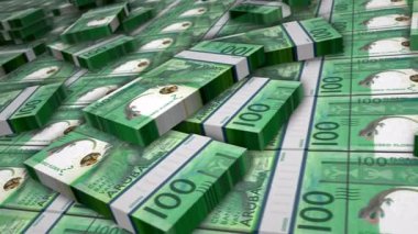 Aruba parası, Aruban Florin banknot döngüsü. 100 AWG para yığını. İş, ekonomi, bankacılık ve finans kavramı. Kamera nakit paketleri üzerinde döngü olmayan 3D.