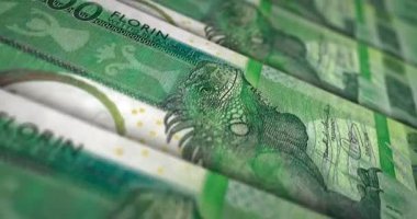 Aruba parası Aruban Florin banknot döngüsü. 100 AWG para dokusu. Ekonomi, iş, kriz, bankacılık, durgunluk, borç ve finans kavramı. Dikdörtgen 3D nota üzerinde hareket.