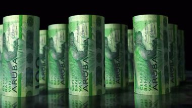 Aruba parası Aruban Florin ruloları 3D döngüsü. Kamera 100 AWG 'nin önünde hareket ediyor. Kusursuz döngüsüz ekonomi, finans, iş ve borç kavramı.