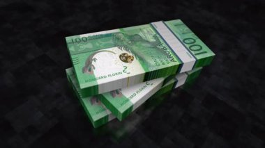Aruba parası Aruban Florin yığını. Ekonomi, bankacılık, iş, kriz, durgunluk, borç ve finans konularının kavramı. 100 AWG banknotları 3D animasyon yığınları.
