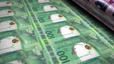Aruba parası Aruban Florin banknotlar basım makinesi döngüsü. Kağıt 100 AWG banknot baskısı 3D döngü kusursuz. Soyut bankacılık, finans, ekonomi ve kriz kavramı.