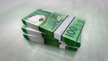 Aruba parası Aruban Florin yığını. Ekonomi, bankacılık, iş, kriz, durgunluk, borç ve finans konularının kavramı. 100 AWG banknot yığını 3D.