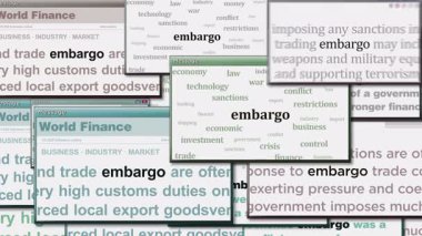 Ambargo ekonomisi ve ticari yaptırımlar bilgisayar ekranında belirdi. Medya boyunca haber başlıklarının soyut konsepti. Kusursuz ve döngülü ekran.