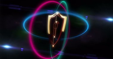 Siber güvenlik sistemi korumalı altın metal sembolü dönen neon daireler şeklinde döngü ve kusursuz animasyon.