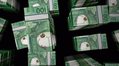 Aruba parası Aruban Florin banknotları döngüsü. 3D uçuş, 100 'den fazla AWG banknotları kuleleri istifliyor. Döngüsüz, soyut iş dünyası, ekonomi krizi ve finans kavramı.