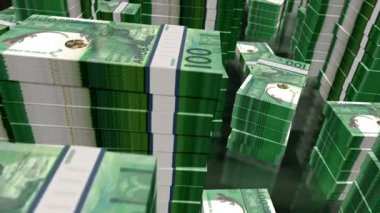 Aruba parası Aruban Florin banknotları döngüsü. 3D uçuş, 100 'den fazla AWG banknotları kuleleri istifliyor. Döngüsüz, soyut iş dünyası, ekonomi krizi ve finans kavramı.