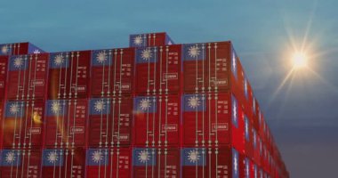 Tayvan liman terminali iş konseptinde kargo konteynırları ihraç edip ithal ediyor. Tayvan bayrağı endüstriyel nakliye kutusu 3D.