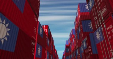 Tayvan ihracat ve ithalat kargo konteynırları sorunsuz ve geri dönüşümlü iş konseptinde. Tayvan bayrağı endüstriyel nakliye kutusu 3D döngü.