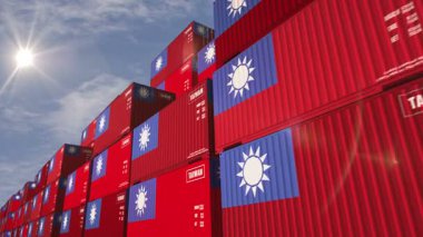 Tayvan ithalat ve ihracat kargo konteynırları sorunsuz ve döngüsüz. Tayvan bayrağı endüstriyel nakliye kutusu 3D döngü.
