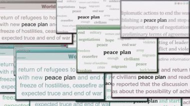Barış planı ve savaşın sona ermesi için yapılan müzakereler bilgisayar ekranlarında belirdi. Medya boyunca haber başlıklarının soyut konsepti. Kusursuz ve döngülü ekran.