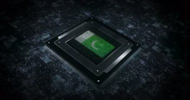Bilgisayar işlemcisinde Pakistan bayrağı. Pakistan sancak dijital ve siber teknoloji animasyonu.