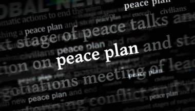 Savaş başlıklarını sona erdirmek için barış planı ve müzakereler uluslararası medyada manşet oldu. Gürültü gösterilerinde haber başlıklarının soyut konsepti. TV arızası etkisi 3d illüstrasyon.