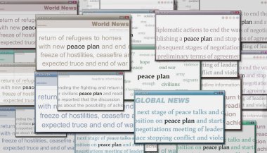 Savaş başlıklarını sona erdirmek için barış planı ve müzakereler uluslararası medyada manşet oldu. Gürültü gösterilerinde haber başlıklarının soyut konsepti. TV arızası etkisi 3d illüstrasyon.