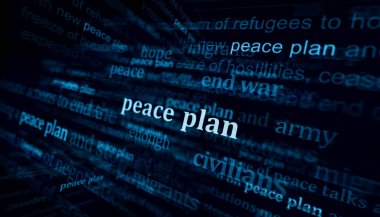 Savaş başlıklarını sona erdirmek için barış planı ve müzakereler uluslararası medyada manşet oldu. Gürültü gösterilerinde haber başlıklarının soyut konsepti. TV arızası etkisi 3d illüstrasyon.