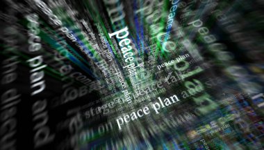 Savaş başlıklarını sona erdirmek için barış planı ve müzakereler uluslararası medyada manşet oldu. Gürültü gösterilerinde haber başlıklarının soyut konsepti. TV arızası etkisi 3d illüstrasyon.