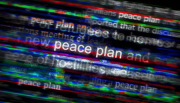 Savaş başlıklarını sona erdirmek için barış planı ve müzakereler uluslararası medyada manşet oldu. Gürültü gösterilerinde haber başlıklarının soyut konsepti. TV arızası etkisi 3d illüstrasyon.