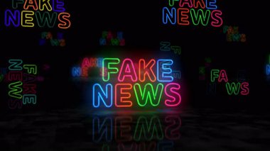 Sahte haber, sahte neon parlayan sembol. Renkli ampuller. Propaganda ve yanlış bilgilendirme kavramı 3 boyutlu animasyon.