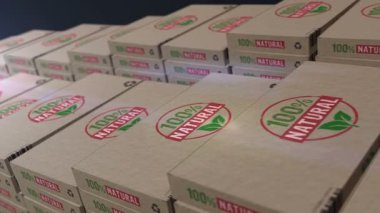 Yüzde yüz doğal çevre dostu kutu üretim hattı. % 100 organik biyo karton paket fabrikası. Soyut kavram 3D döngüsüz dikişsiz.