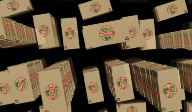 Yüzde yüz doğal çevre dostu kutu üretim hattı. % 100 organik biyo karton paket fabrikası. Soyut konsept 3d illüstrasyon.