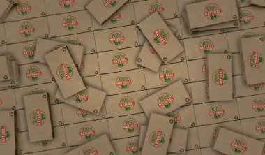 Yüzde yüz doğal çevre dostu kutu üretim hattı. % 100 organik biyo karton paket fabrikası. Soyut konsept 3d illüstrasyon.