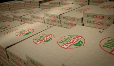 Yüzde yüz doğal çevre dostu kutu üretim hattı. % 100 organik biyo karton paket fabrikası. Soyut konsept 3d illüstrasyon.