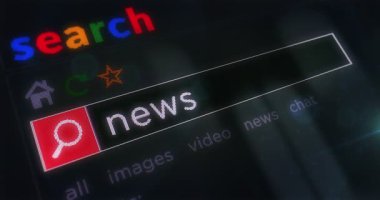 Haber medyası bilgi metni tarayıcı ekranında yazılıyor. Monitör piksel görünümü olan internet aranıyor.