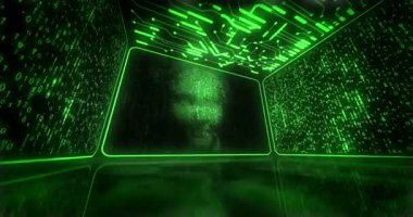 Sanal uzay kutusunun içindeki yapay zeka. Dijital teknoloji ve siber makine öğrenimi ile ai head kavramı.