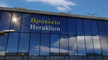 Heraklion, Yunanistan 'a uçak iniyor. Cam havaalanı terminali ve jet uçağının yansımasıyla şehre vardık. Seyahat, iş, turizm ve ulaşım 3D konsepti.