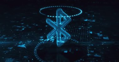 Bluetooth mobil cihaz kablosuz bağlantı hologram sembolü dijital arkaplanda görünür. Ağ, siber teknoloji ve bilgisayar soyut konsepti 3D animasyon.