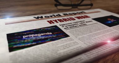 Melez savaş dijital saldırısı ve günlük siber savaş gazetesi. Haber başlıkları soyut kavram 3D illüstrasyon.