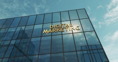 Dijital pazarlama cam bina konsepti. Ön cephedeki yapay zeka algoritma ticaret sembolü 3D.