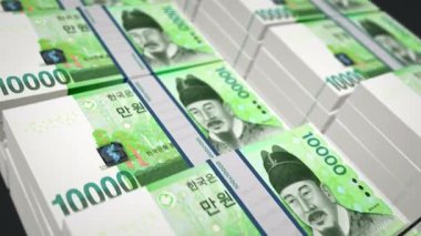 Güney Kore parası Kore Won paketi 3D animasyon. Döngüsüz finans, nakit, ekonomi, iş ve banka kavramı. Kamera 100 'den fazla AWG banknot destesini taşıyor.
