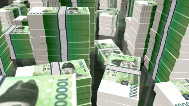 Güney Kore parası Güney Kore para paketi 3D illüstrasyon kazandı. 10000 KRW 'lık banknot destesi. Maliye, nakit, ekonomi krizi, iş başarısı, durgunluk, banka, vergi ve borç kavramı.