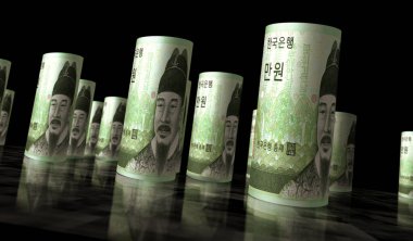 Güney Kore parası, Güney Kore 'nin kazandığı 3D resim. 10000 KRW 'lık banknot yuvarlandı. Maliye, nakit, ekonomi krizi, iş başarısı, durgunluk, banka, vergi ve borç kavramı.