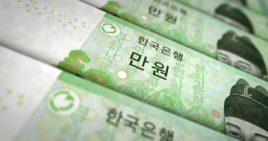 Güney Kore 3D illüstrasyondan para kazandı. 10000 KRW 'lık banknot baskısı. Maliye, nakit, ekonomi krizi, iş başarısı, durgunluk, banka, vergi ve Güney Kore 'deki borç kavramı.