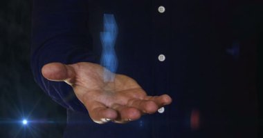 Poznan, Polonya, 1 Mart 2025: Bluetooth mobil kablosuz bağlantı insan eli üzerinde 3D sembol. Siber teknoloji simgesi soyut kavram kusursuz ve döngüsel.