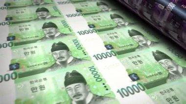 Güney Kore parası. Kore won banknotlar basım makinesi döngüsü. Kağıt 100 AWG banknot baskısı 3D döngü kusursuz. Soyut bankacılık, finans, ekonomi ve kriz kavramı.
